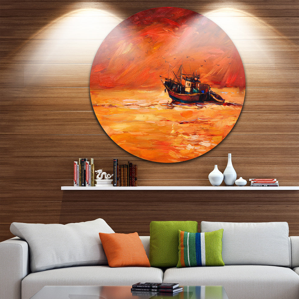 Fishing Boat In Red Hue, Seascape Panting Round Wall Art, 23"