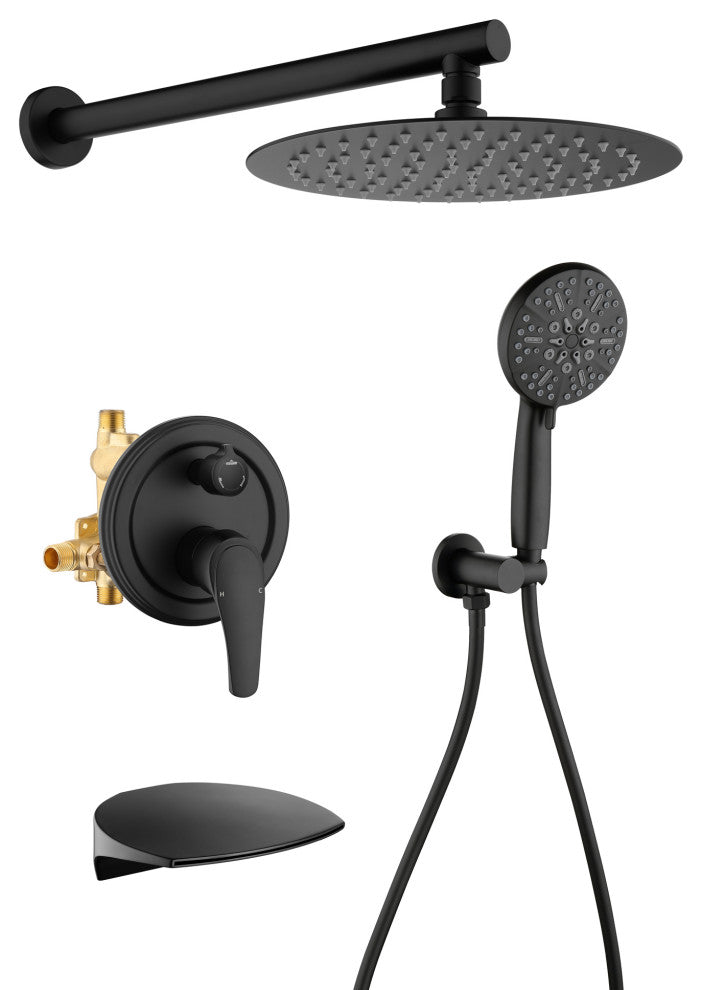 Waterfall Tub Spout Shower System, Handheld Shower Head, Matte Black
