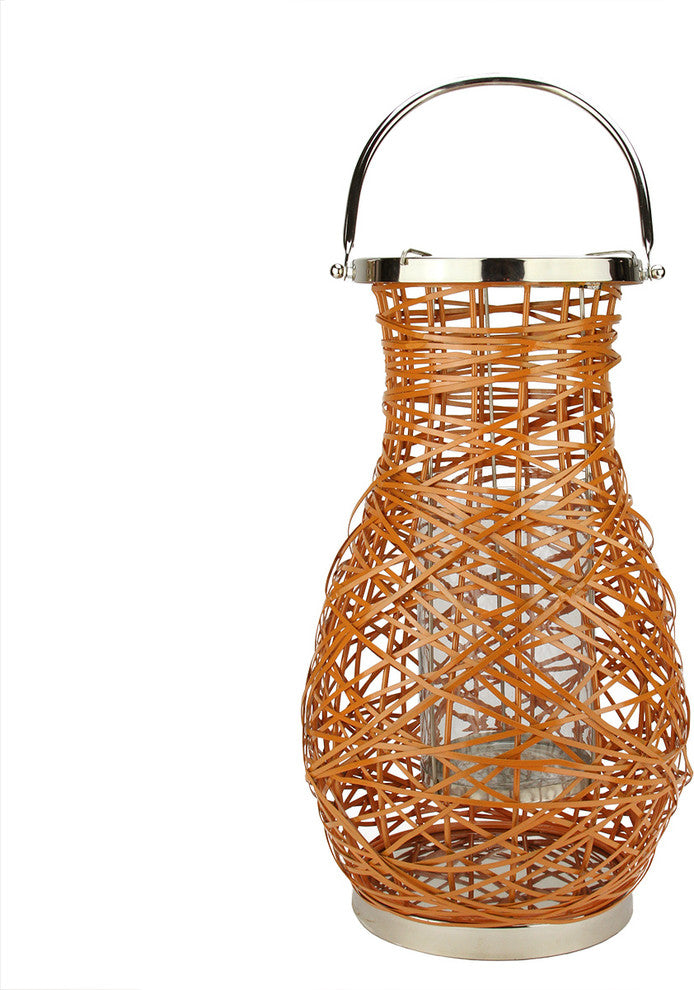 16.25" Modern Orange Woven Iron Pillar Candle Lantern with Glass Hurricane