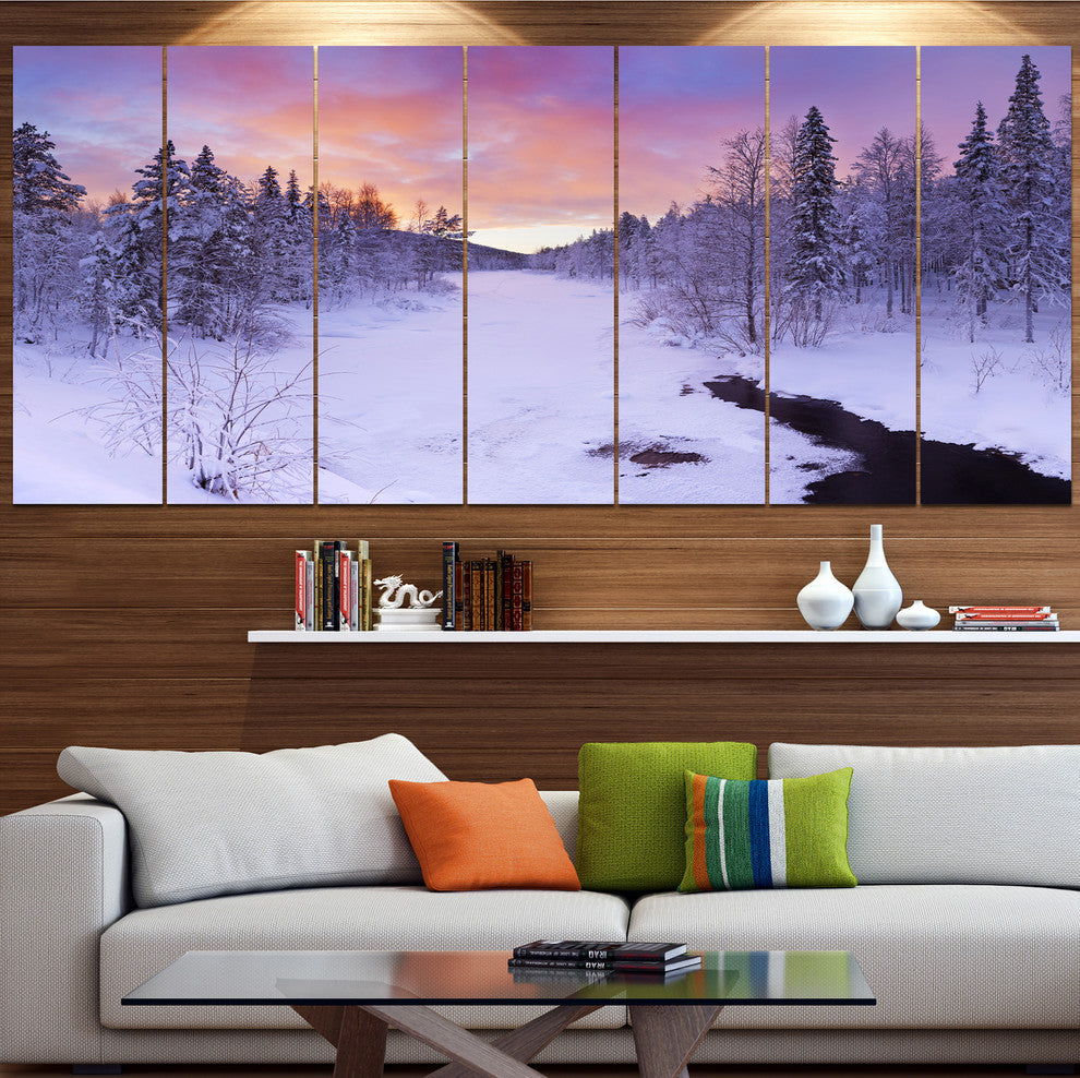 Winter River in Finnish Lapland, Modern Landscape Canvas Art, 83"x32", 7 Panels