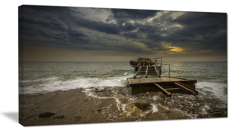 "Ruined Wooden Pier For Boats At Sunset" Sea Bridge Wall Art, 32"x16"
