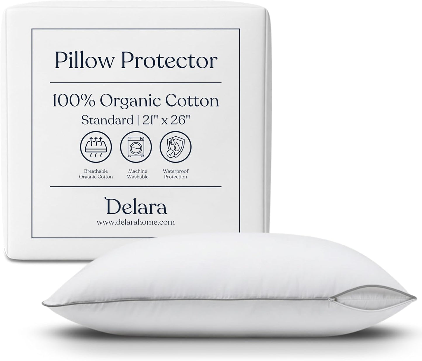 Delara Pillow Protector Set of 2, 300TC, Long Staple Organic Cotton, Standard, 21"x26"