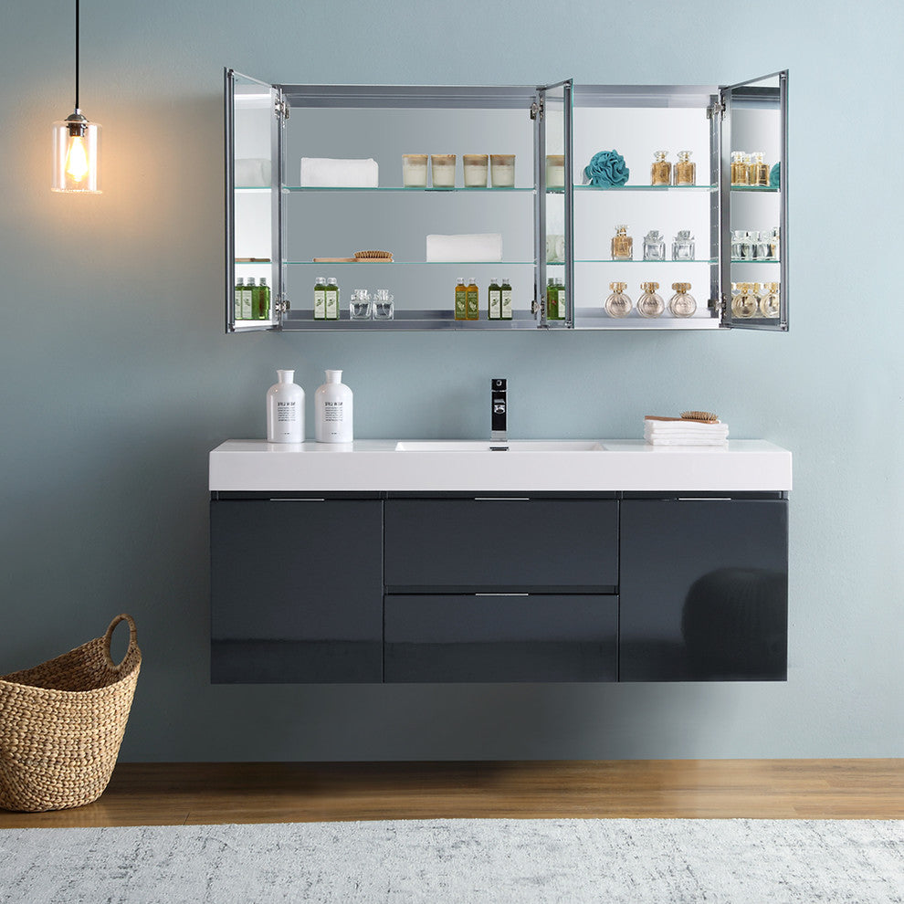 Valencia 60" Dark Slate Gray Wall Hung Vanity Set, Cabinet, Faucet FFT1030CH