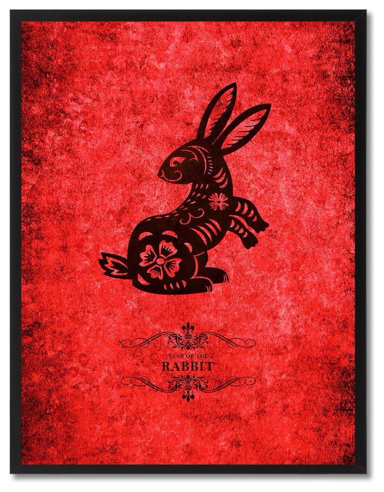 Rabbit Chinese Zodiac Red Print on Canvas with Picture Frame, 22"x29"