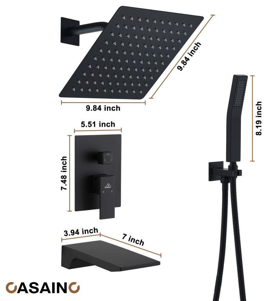 10inch Wall Mounted Shower System with Handheld Shower and Tub Spout, Matte Black