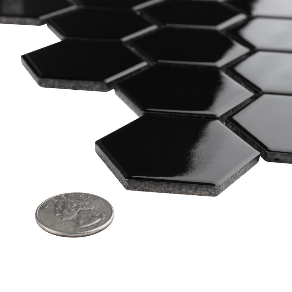 Metro 2" Hex Glossy Black Porcelain Floor and Wall Tile