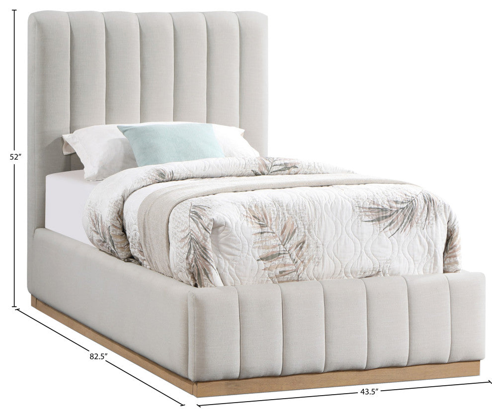 Lucia Beige Linen Textured Fabric Full Bed, Cream, Twin, Natural Finish