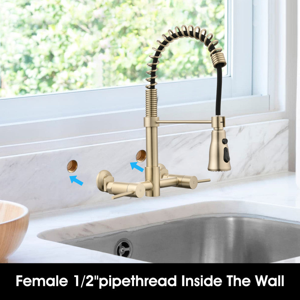 Wall Mounted Bridge Kitchen Faucet, Brushed Gold