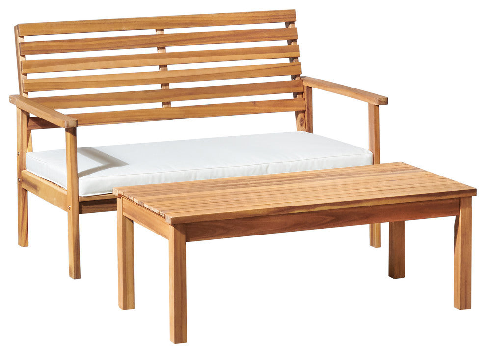 Orwell Outdoor Acacia Wood Bench With Cushion, Cocktail Table