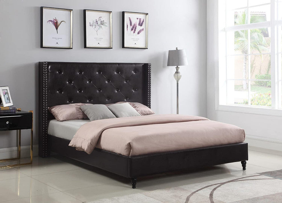 Elegant Platform Bed, Brown Faux Leather Upholstery & Tufted Headboard, Full