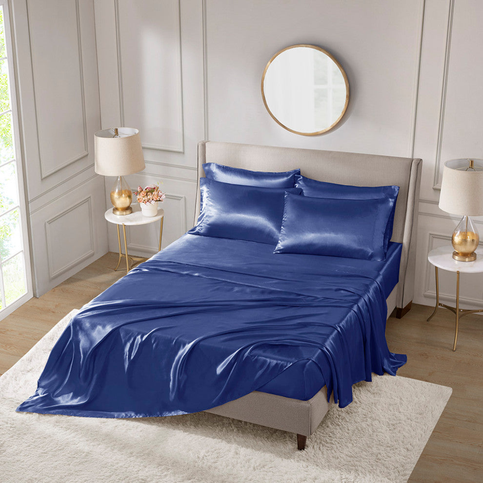 Madison Park Essentials Satin Luxury 6 PC Sheet Set, Navy