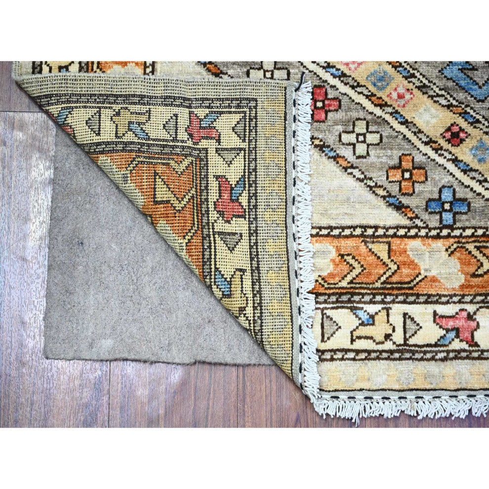 Cloud Gray Hand Knotted Afghan Ersari Wide Runner Oriental Rug, 4'2"x9'9"