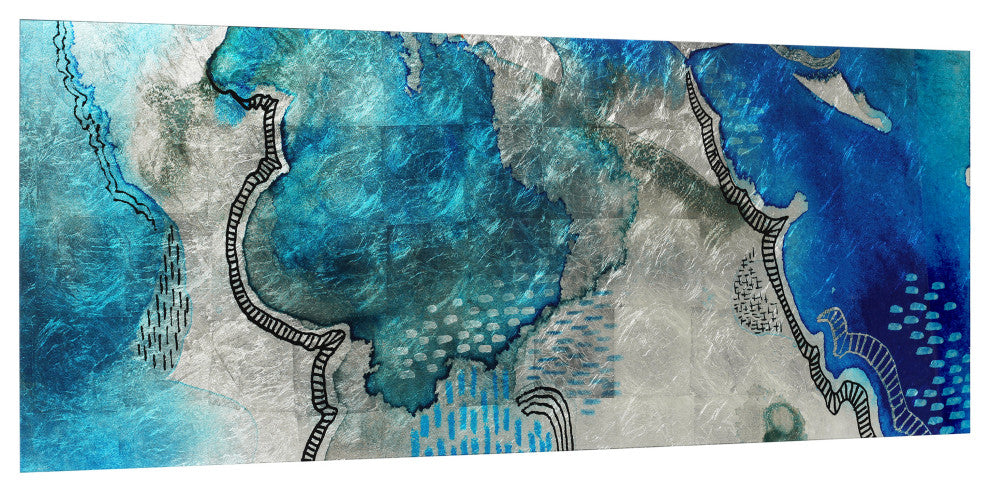 "Subtle Blues B" Abstract Wall Art Reverse Print Tempered Glass With Silver Leaf