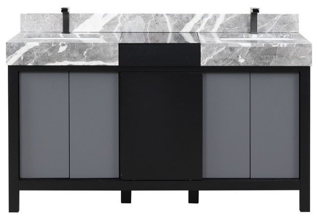Zilara 60" Black and Grey Double Vanity, Balzani Gun Metal Faucet Set