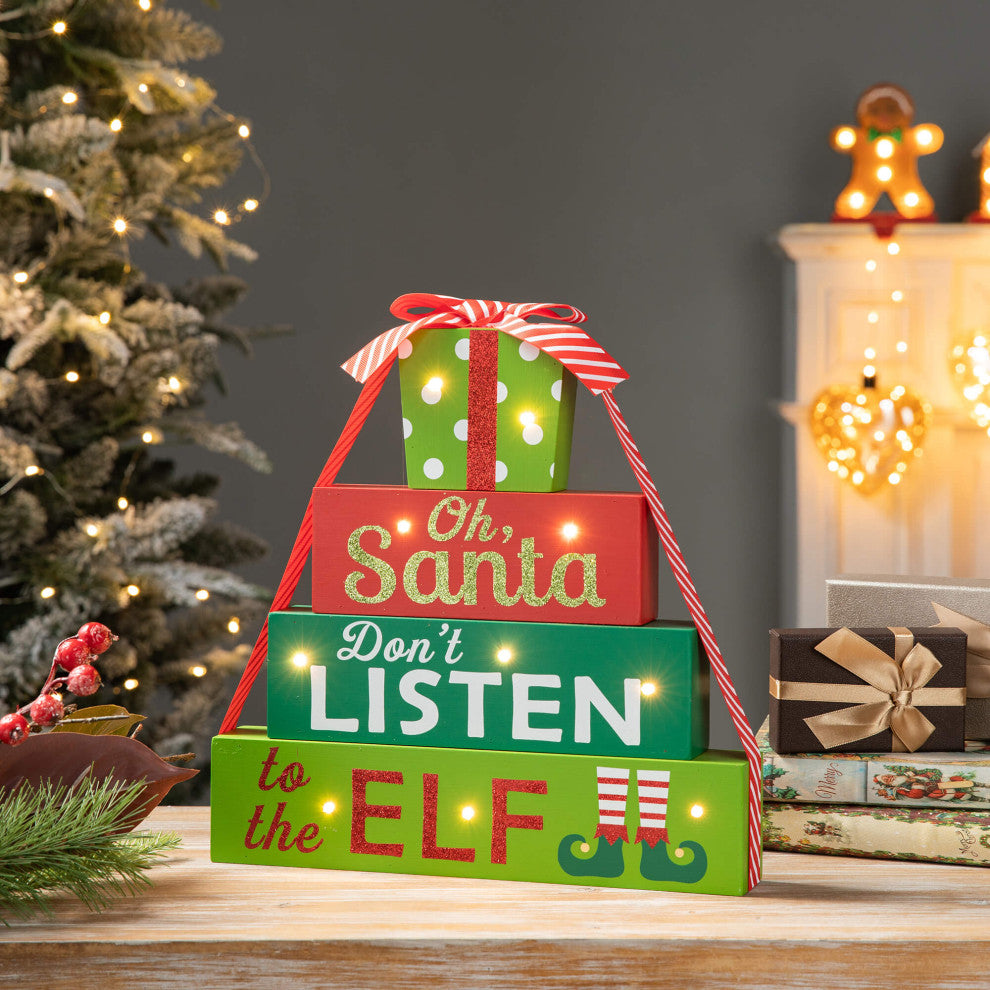 12"H Lighted Wooden Christmas Block Table Decor, Gift Box