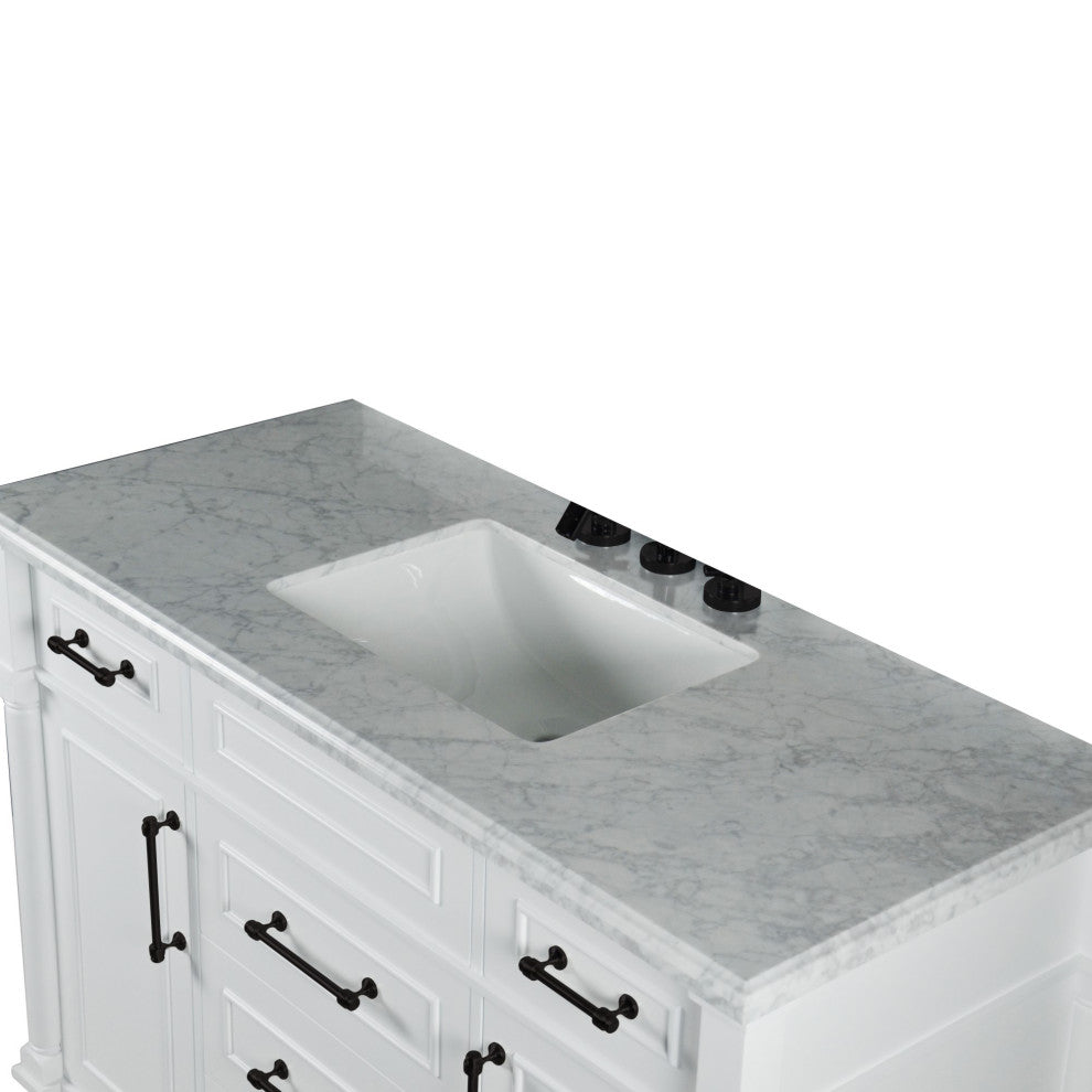 48" Single Vanity, White With White Carrara Marble Top