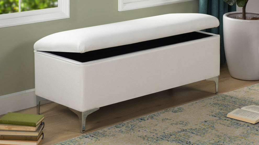 Madelyn Modern Storage Bench With Stainless Steel Legs, Bright White