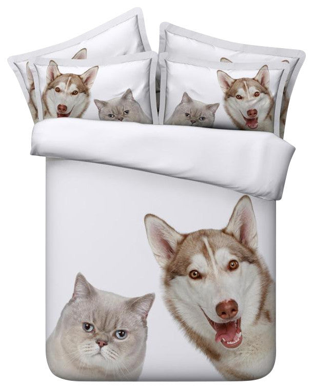 3D White and Brown Cat and Dog, 4-Piece Duvet Cover Set, Full