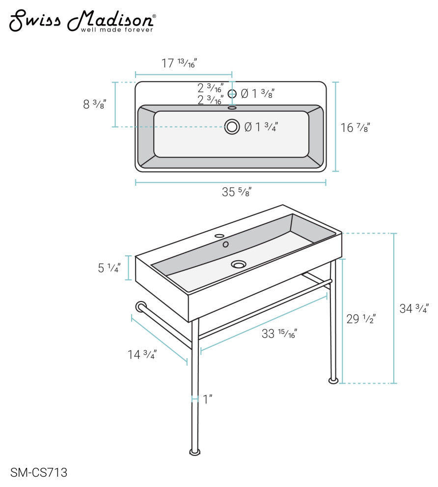 Carre 36" Ceramic Console Sink White Basin Chrome Legs