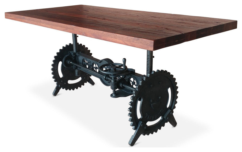 Steampunk Adjustable Dining Table - Iron Crank Base - Rustic Mahogany