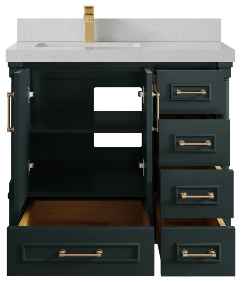 Aberdeen 36 Left Offset Bath Vanity in Dark Forest Green 2" Carrara Quartz