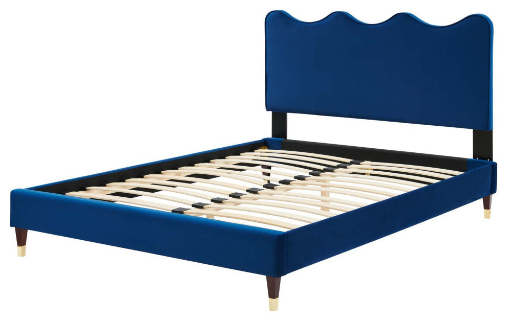 Platform Bed Frame, King Size, Blue Navy, Velvet, Modern, Bedroom Guest Suite