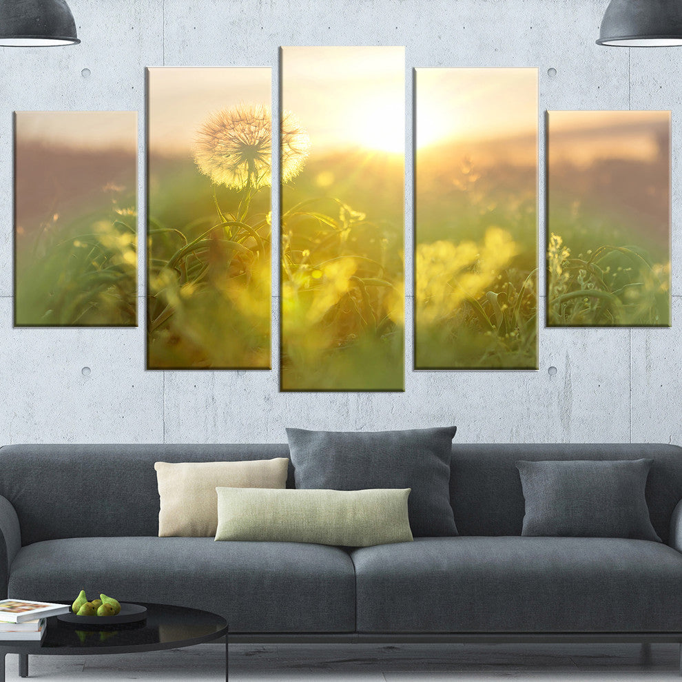 Dandelion Blooming Flower in Field, Floral Canvas Art Print, 60"x32", 5 Panels