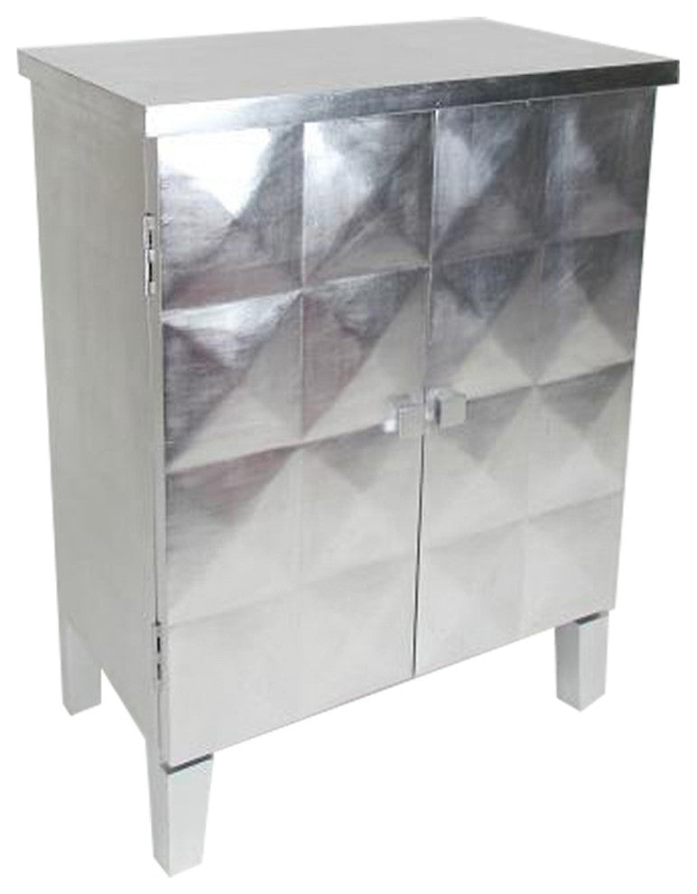 2 Doors Wooden Cabinet with Leaf Coating and Bulged Texture, Silver