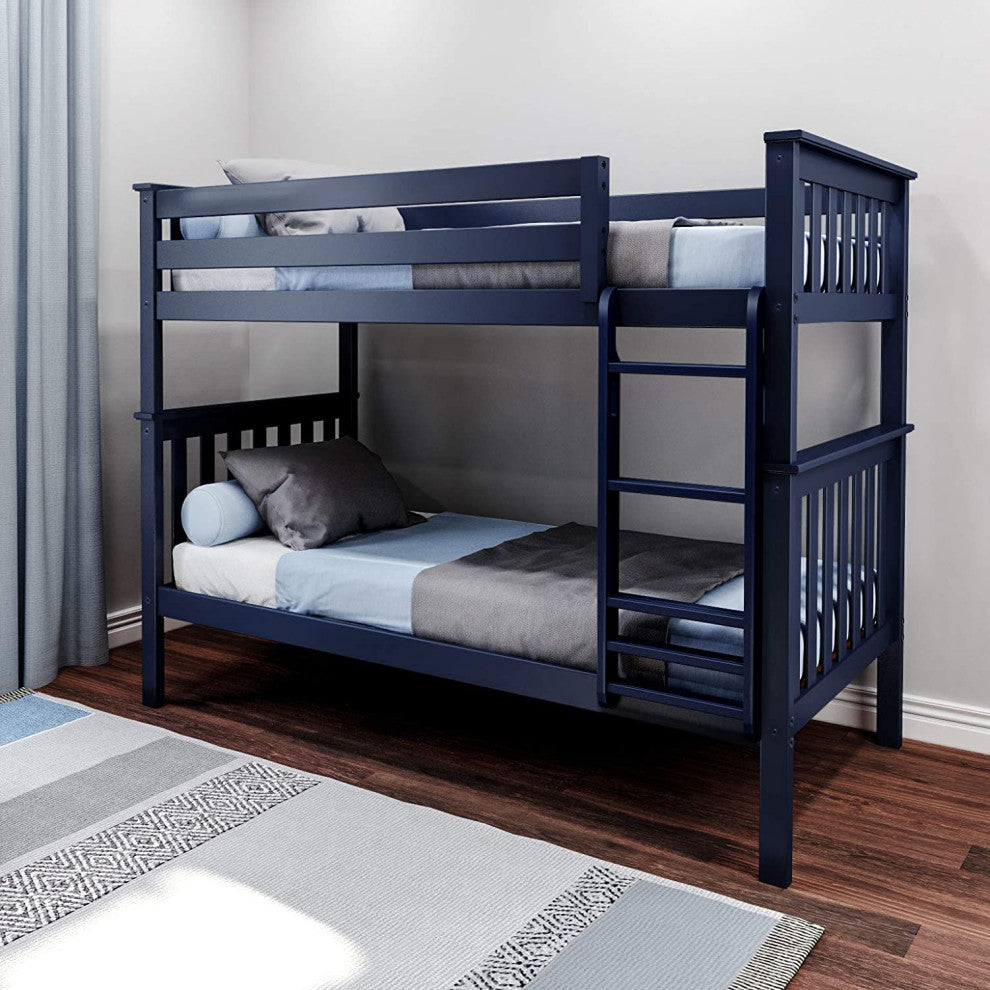 Twin Over Twin Solid Wood Bunk Bed with Ladder and Safety Guardrails, Blue