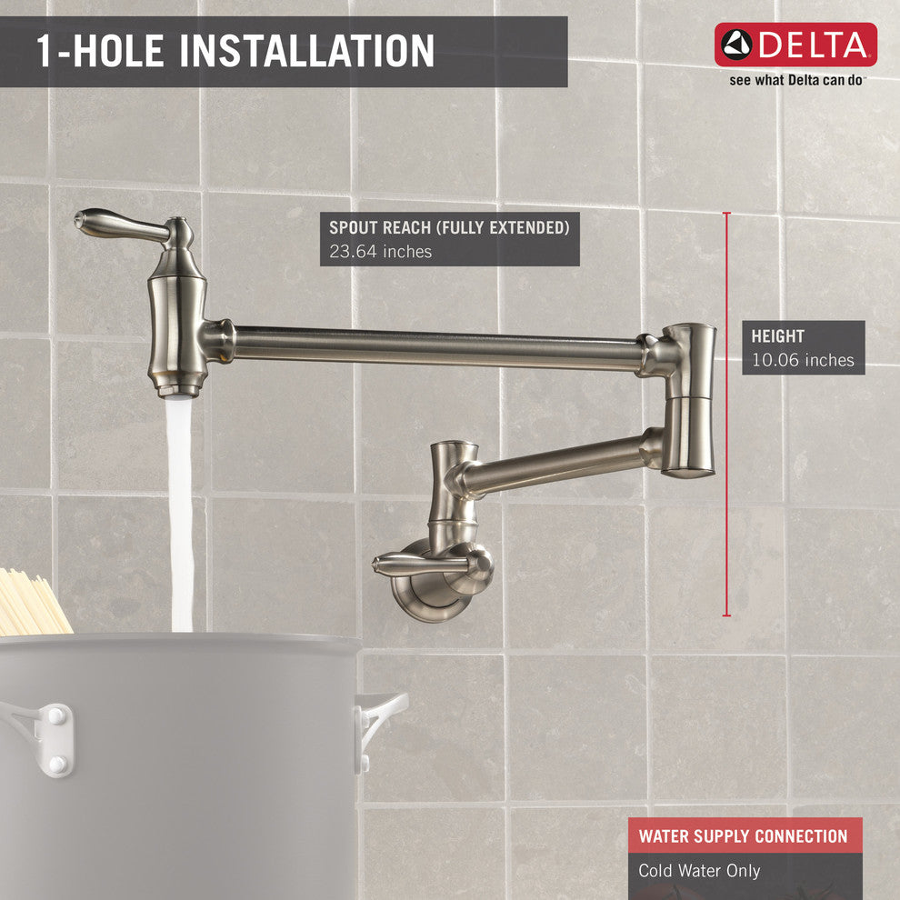 Delta Traditional Wall Mount Pot Filler, Stainless, 1177LF-SS