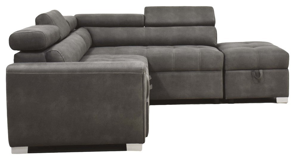 ACME Thelma Sectional Sofa With Sleeper and Ottoman, Gray Polished Microfiber