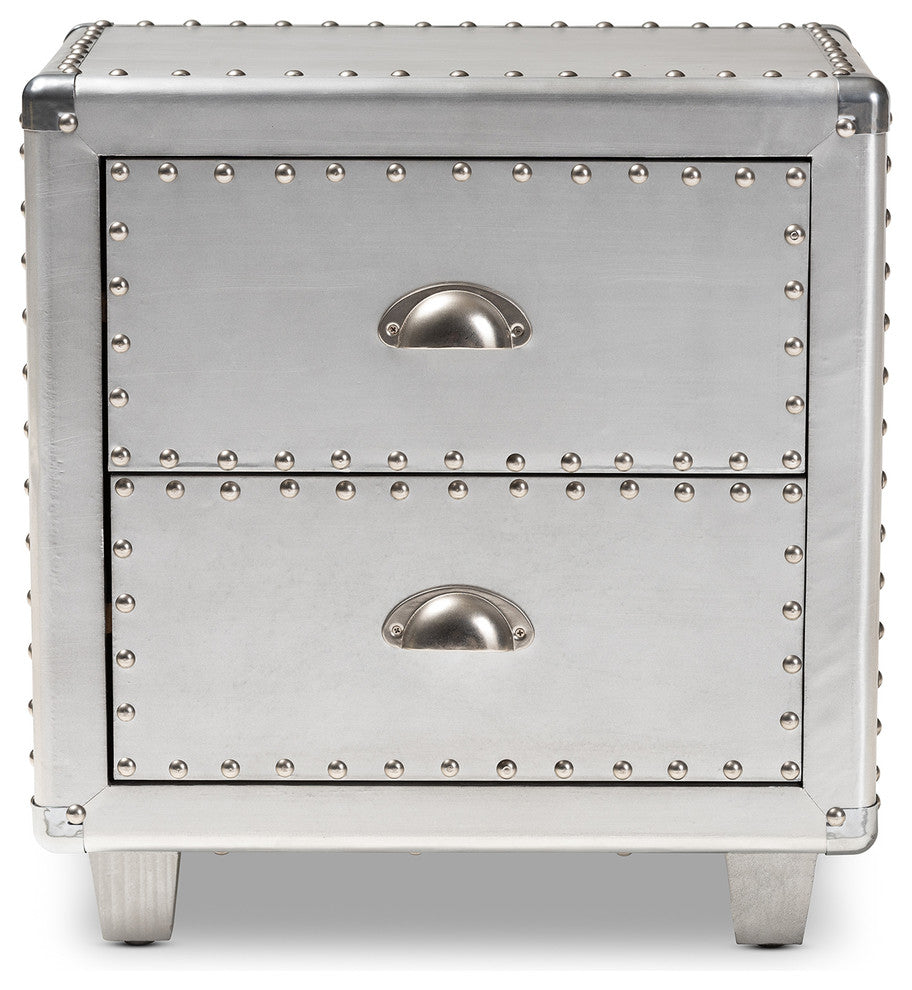 Natalie French Industrial Silver Metal 2-Drawer Nightstand