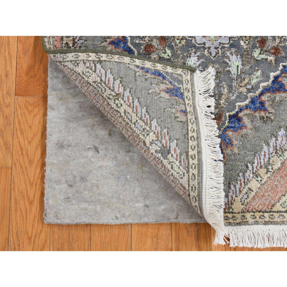 Storm Gray Mughal Design Silk With Wool Hand Knotted Runner Rug 2'6"x10'