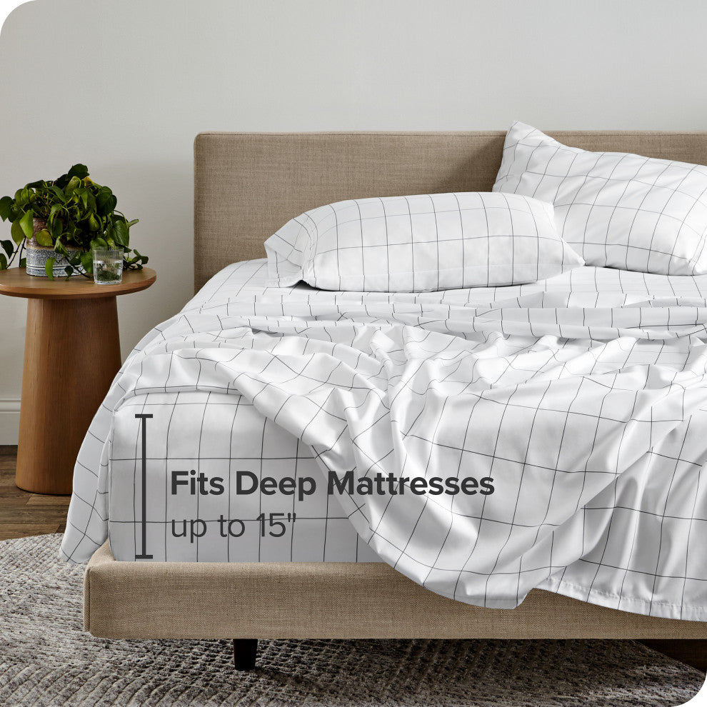 1800 Microfiber Sheet Set, Grid White/Graphite, Cal King
