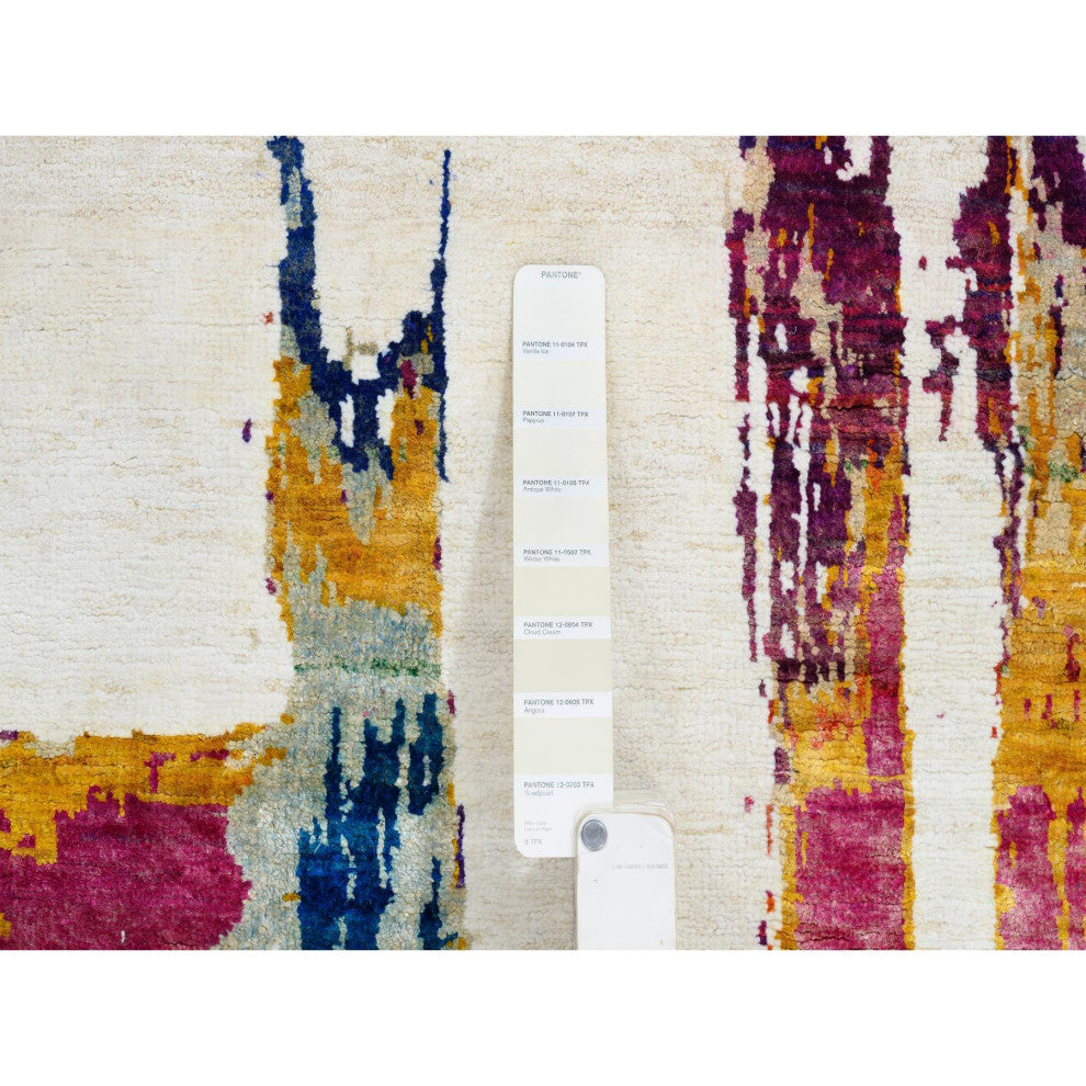 Colorful Modern Abstract Motifs Wool and Sari Silk Hand Knotted Rug, 3'0"x5'0"