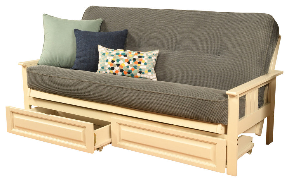 Caleb Frame Futon With Antique White Finish, Storage Drawers, Marmont Thunder