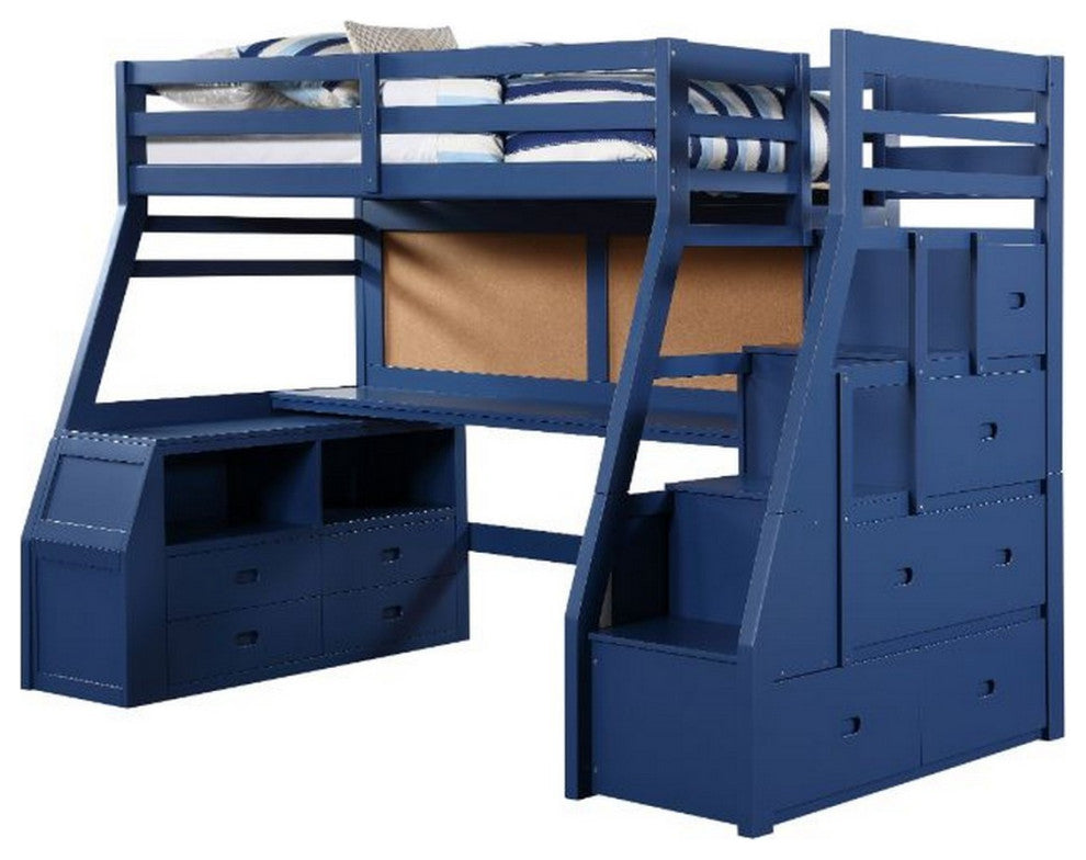 Benzara BM261743 Twin Loft Bed With 9 Drawers and Inbuilt Ladder, Blue