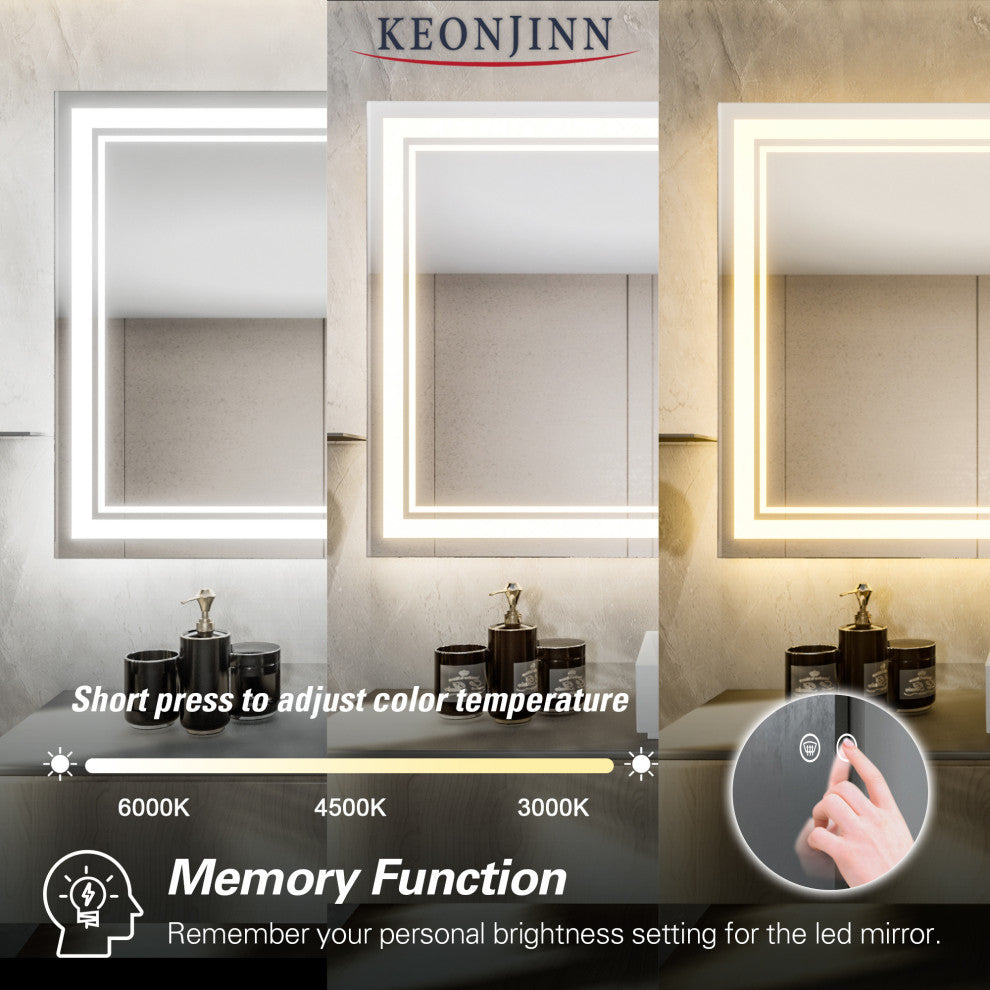3-Colors LED Bathroom Mirror, Anti-Fog Memory Dimmable, Sliver, 40"x24"