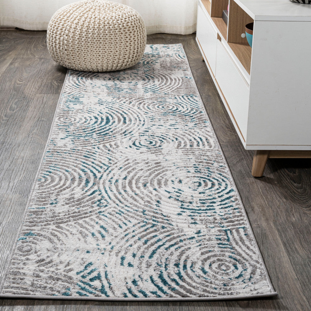 Timeworn Modern Abstract Area Rug, Gray/Turquoise, 2'x8'