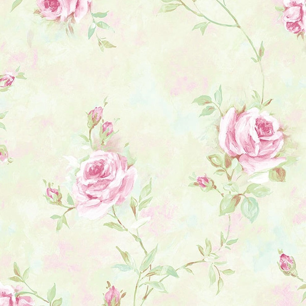 Rose Gardens 2, Romantic Floral Flower Light Green, Rose Wallpaper Sample