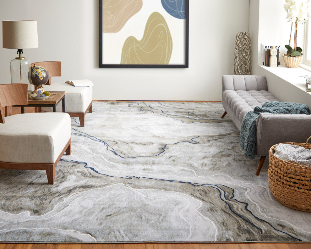 Javers Modern Abstract, Taupe/Gray/Blue, 6'7"x9'6" Area Rug