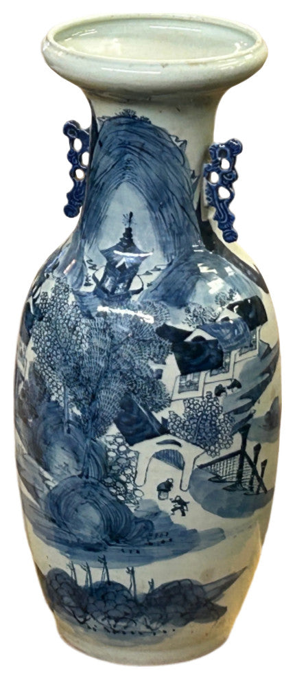 23.5" Vintage Blue White Scenery Porcelain Ru Yi Ear Art Vase Hws4430