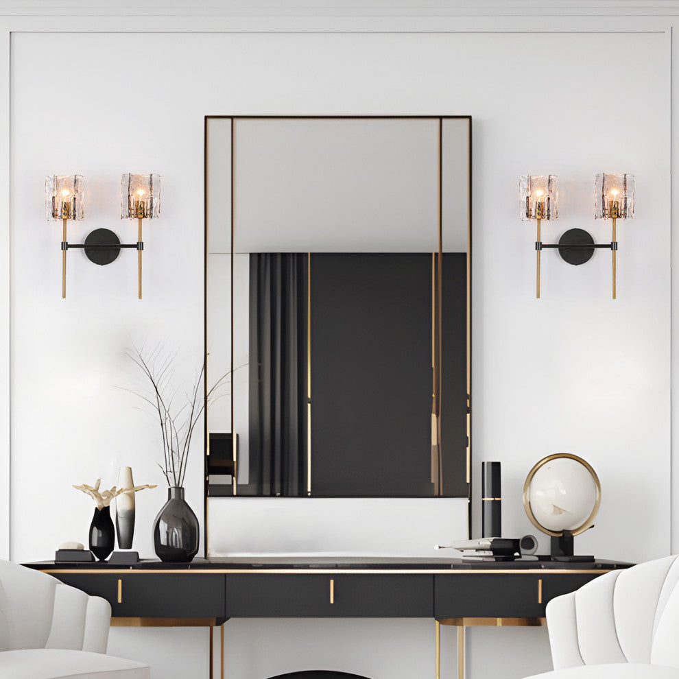 LNC Tucana Polished Gold and Matte Black Modern Wall Sconce, Textured Glass, 2 Lights