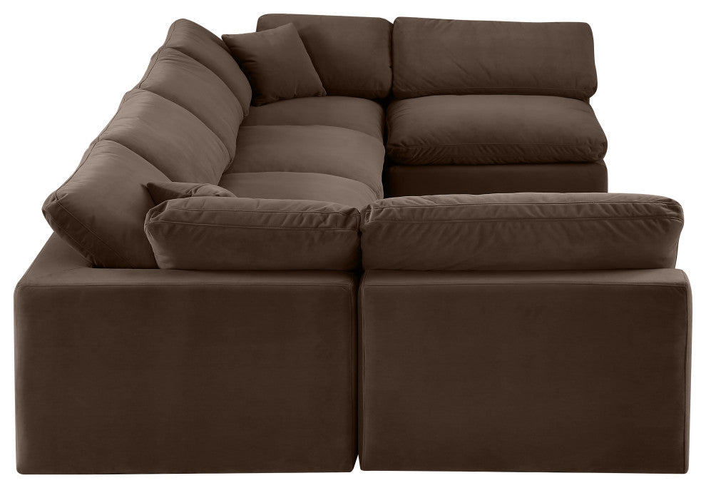 Comfy Upholstered U-Shaped Modular Sectional, Brown, 6-Piece: 4 Armless Chair, 2 Corner Chair, Velvet