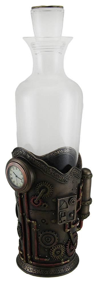 Time for Spirits Glass Spirit Decanter in Steampunk Basket with Clock