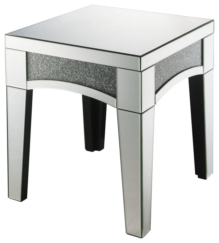 Benzara BM252330 End Table With Mirror Trim and Faux Stone Inlays, Silver
