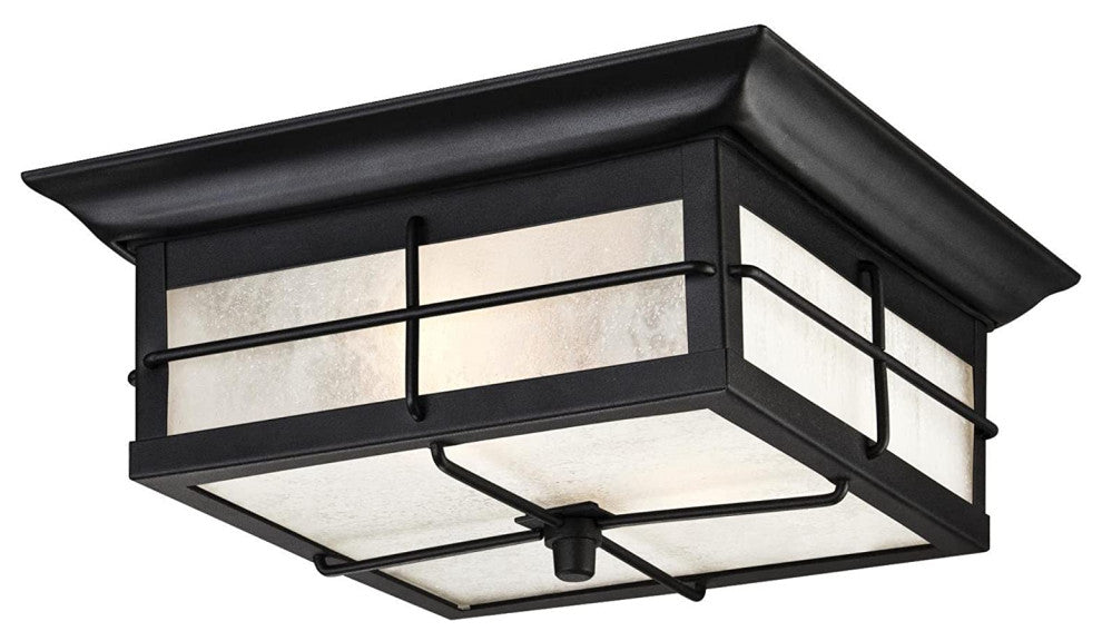 2 Light Flush Mount Fixture Black Ceiling Lamp With Seeded Glass Shade