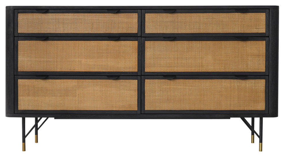 Saratoga 6 Drawer Dresser in Black Acacia with Rattan