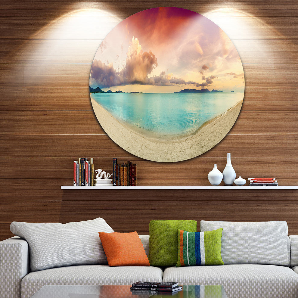 Tropical Colorful Sunset With Pond, Landscape Disc Metal Wall Art, 23"