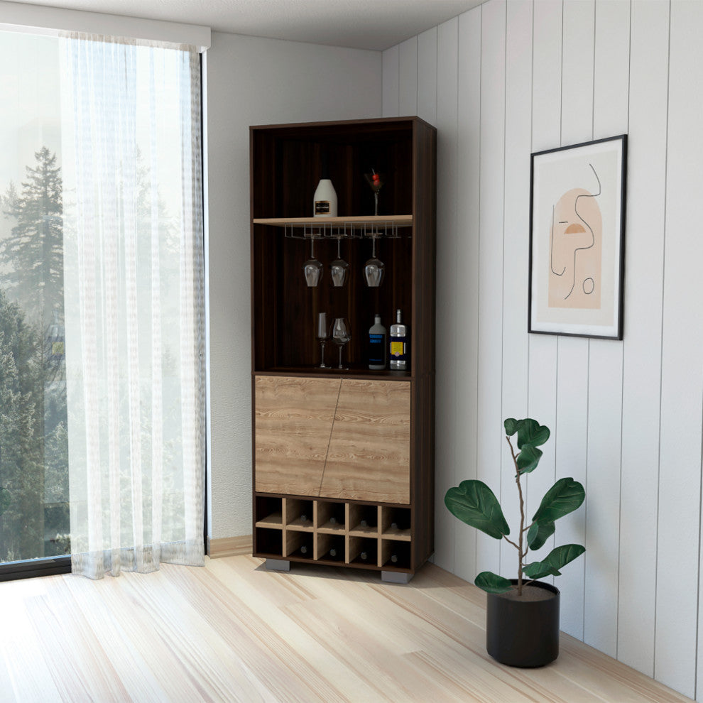 Bahamas Corner Bar with 10 Wine Cubbies, Dark Oak / Pine